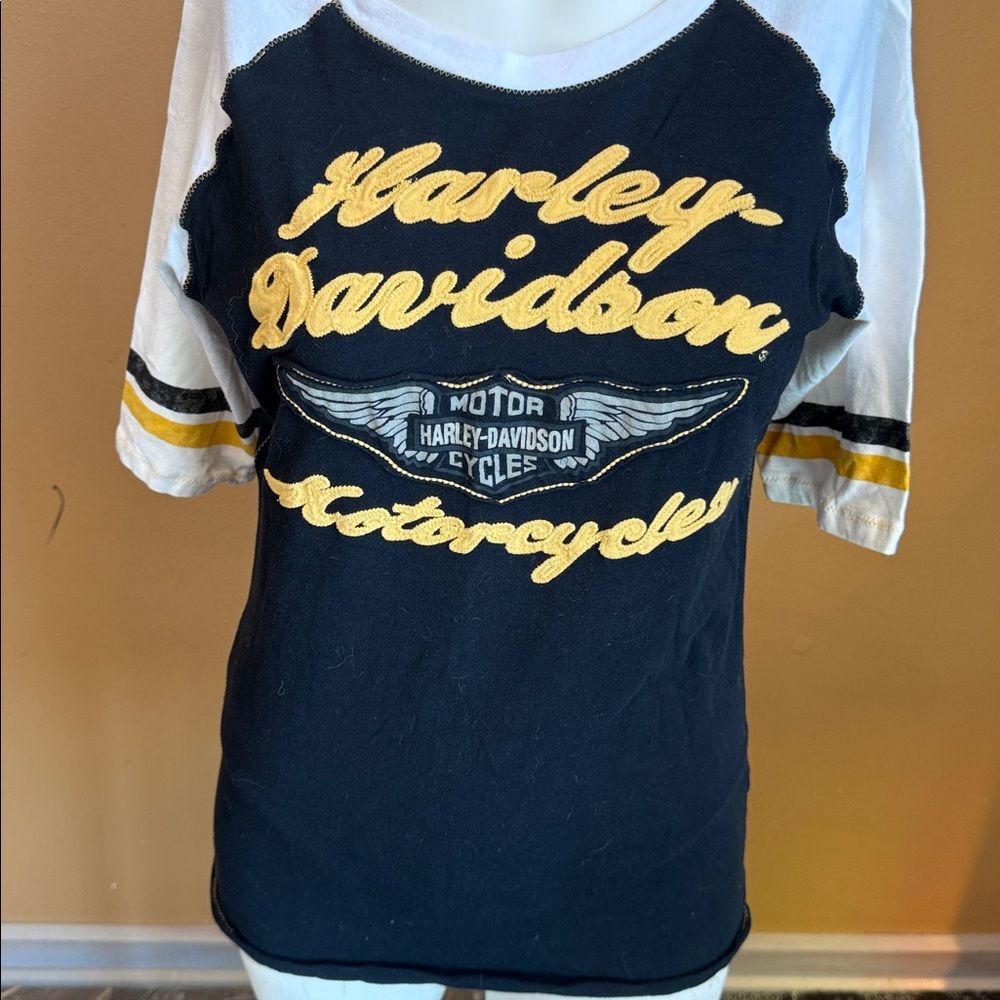 Harley-Davidson Black & White Raglan Tee with Yellow Script size L - Picture 2 of 9